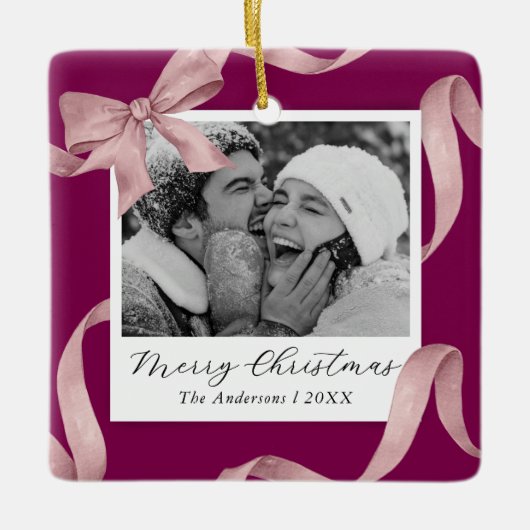 Elegante Roze Bow Fotovakantie Keramisch Ornament (Voorkant)