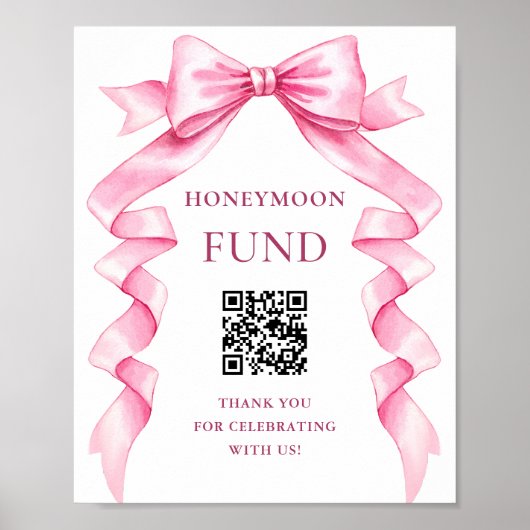 Elegante Roze Bow Huwelijk Honeymoon Fund Sign Poster (Voorkant)