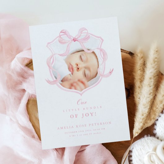 Elegante Roze Bow Meisje Foto Geboorteaankondiging Aankondiging