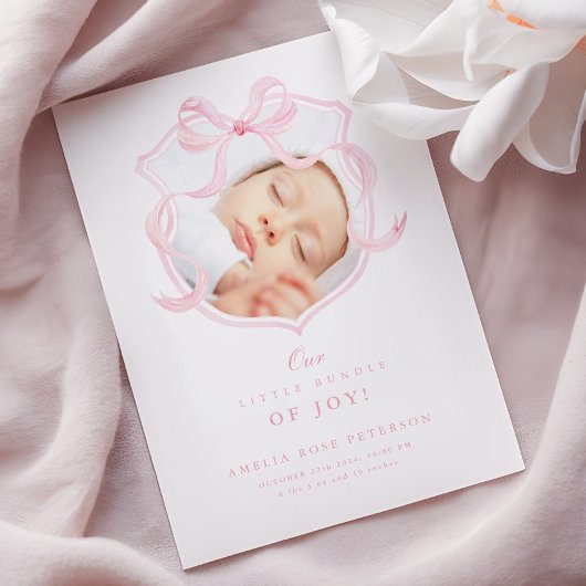 Elegante Roze Bow Meisje Foto Geboorteaankondiging Aankondiging