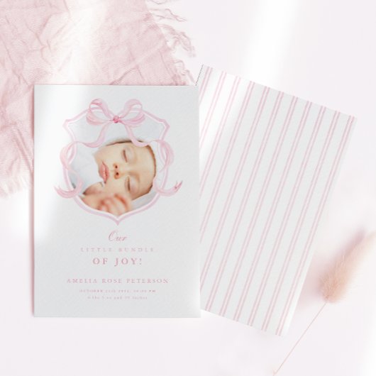 Elegante Roze Bow Meisje Foto Geboorteaankondiging Aankondiging