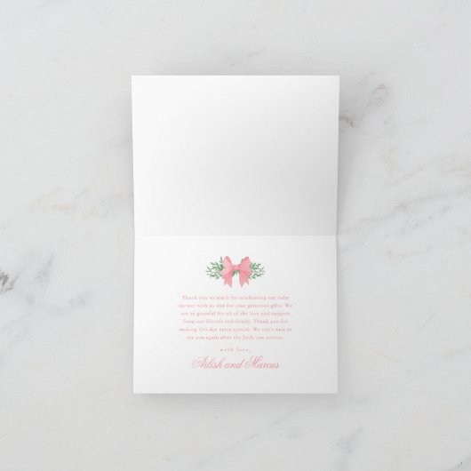 Elegante Roze Bow met Greenery Girls Baby shower Bedankkaart (Binnen)