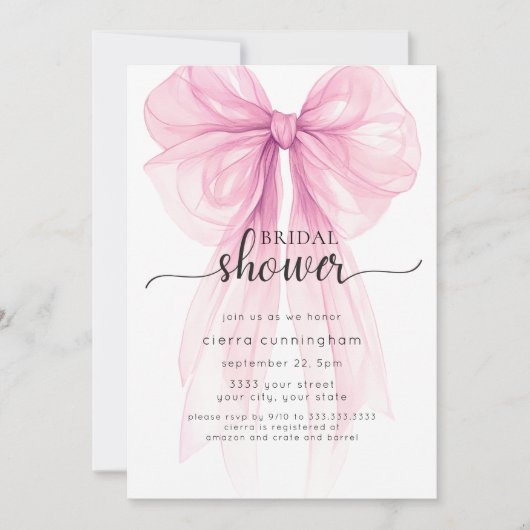 Elegante Roze Bow Minimale Bruids Douche Uitnodigi Kaart (Voorkant)