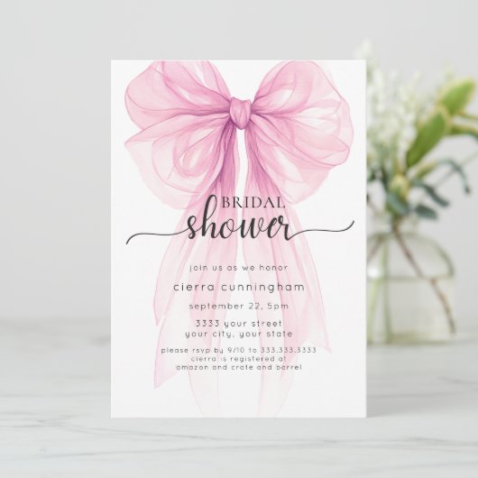 Elegante Roze Bow Minimale Bruids Douche Uitnodigi Kaart (Staand voorkant)