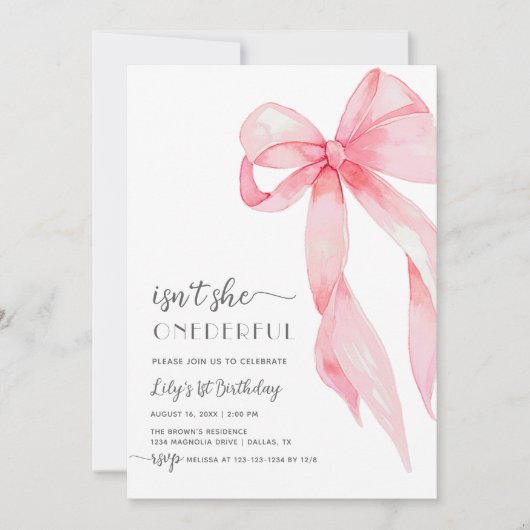 Elegante Roze Bow Onderful Baby Meisje 1e verjaard Kaart (Voorkant)