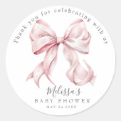 Elegante Roze Bow Parels Baby shower Meisje Ronde Sticker (Voorkant)