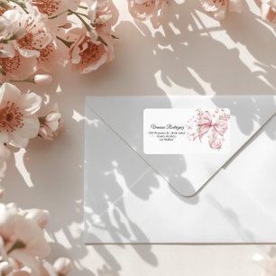 Elegante Roze Bow & Parels Wildflowers Adres Etiket