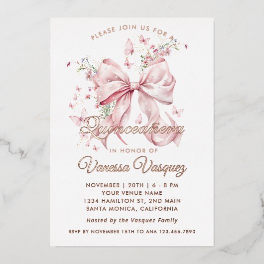 Elegante Roze Bow Parels & Wildflowers Quinceañera Folie Uitnodiging (Voorkant)
