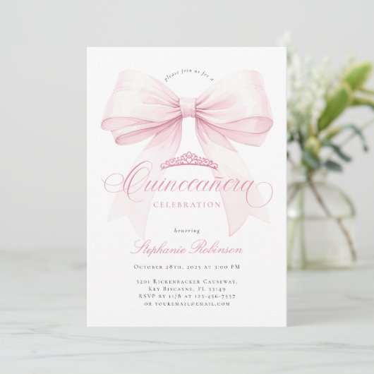 Elegante Roze Bow Quinceañera Uitnodiging (Staand voorkant)