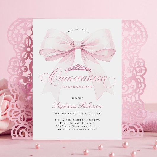 Elegante Roze Bow Quinceañera Uitnodiging