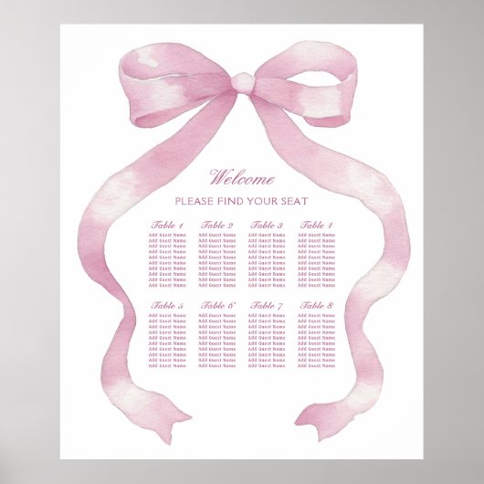 Elegante Roze Bow Seating Chart Poster (Voorkant)