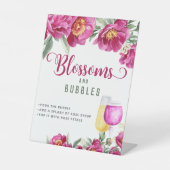 Elegante Roze Bruidsfeest Bloemen & Bubbel Bar Reclamebord Met Voetstuk (Voorkant)