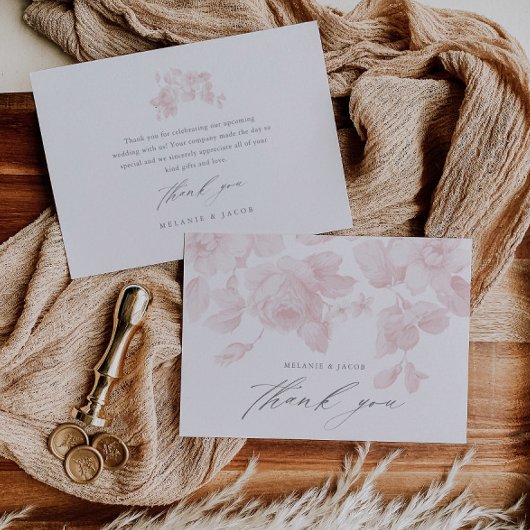 Elegante Roze Bruidsjurk Bloemrijke Script Bruilof Bedankkaart