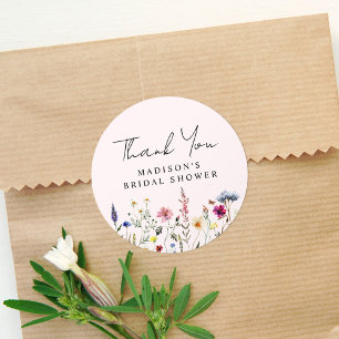 Elegante Roze Bruiloft Thank You met Wilde Bloemen Ronde Sticker