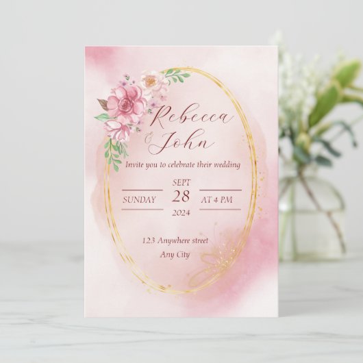 Elegante roze bruiloft uitnodiging (Staand voorkant)