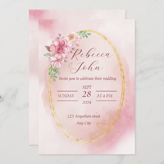 Elegante roze bruiloft uitnodiging (Voorkant / Achterkant)