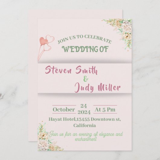 Elegante roze bruiloft uitnodiging eenvoudige bloe (Voorkant / Achterkant)