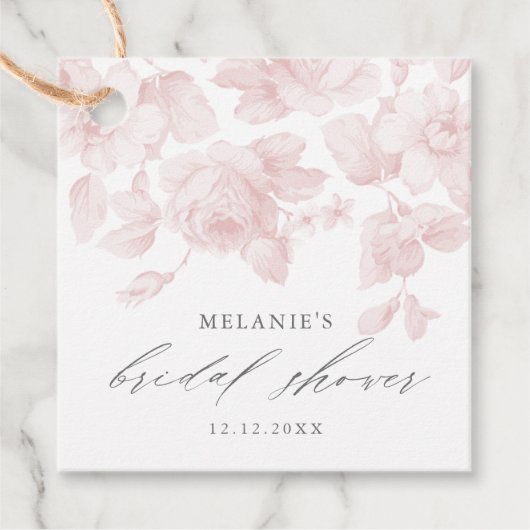 Elegante Roze Bruiloftsshower met Bloemenschrift Bedankjes Labels (Voorkant)