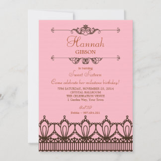 Elegante roze & bruine kant Sweet 16 Uitnodiging