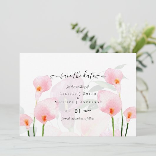 Elegante Roze Calla Lelie Trouw Datum Bewaren QR C Kaart (Staand voorkant)