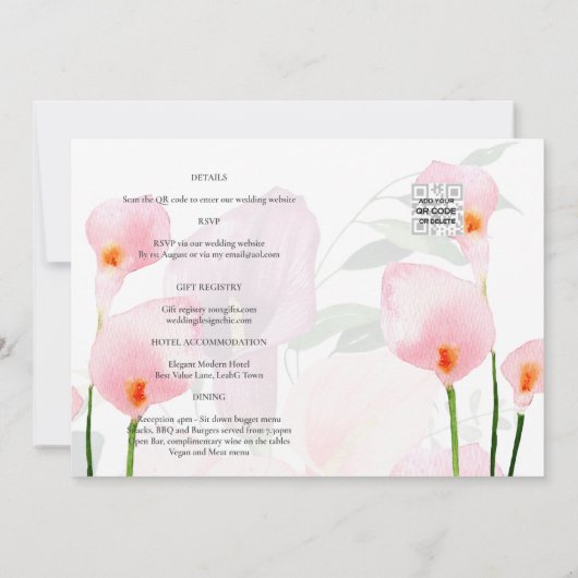 Elegante Roze Calla Lelie Trouw Datum Bewaren QR C Kaart (Achterkant)