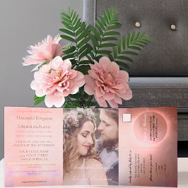 Elegante Roze Calligrafie Aangepaste Foto Bruiloft Drieluik Aankondiging