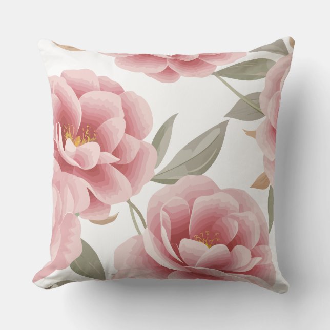Elegante roze Camellia Bloemen met groene bladeren Kussen (Voorkant)
