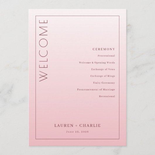 Elegante Roze Ceremonie Schema Programmakaart (Voorkant)