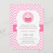 Elegante Roze Chevron Cupcake Baby Meisje Douche Kaart (Voorkant / Achterkant)