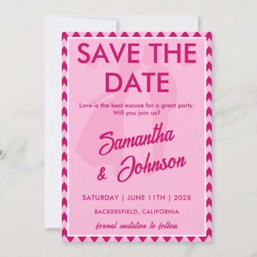 Elegante Roze Chevron Streep QR Code Save The Date (Voorkant)