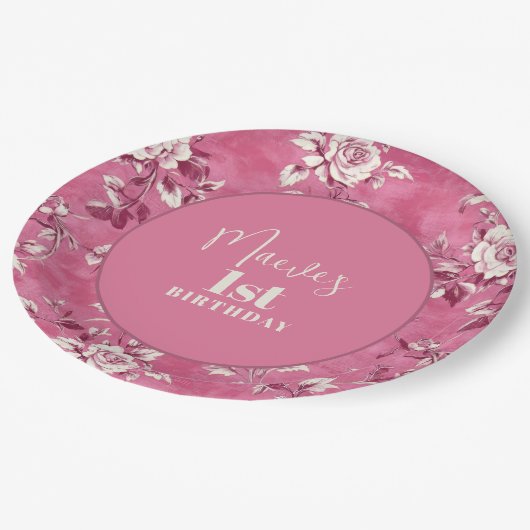 Elegante roze Chinoiserie 1e verjaardagsfeest Papieren Bordje (Gekanteld)