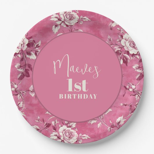 Elegante roze Chinoiserie 1e verjaardagsfeest Papieren Bordje (Voorkant)