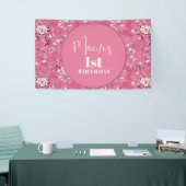 Elegante roze Chinoiserie 1e verjaardagsfeest Spandoek (Beurs)
