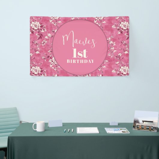 Elegante roze Chinoiserie 1e verjaardagsfeest Spandoek (Beurs)