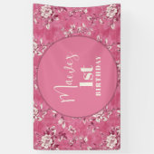 Elegante roze Chinoiserie 1e verjaardagsfeest Spandoek (Verticaal)