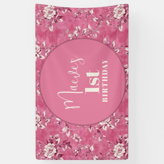 Elegante roze Chinoiserie 1e verjaardagsfeest Spandoek (Verticaal)