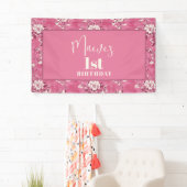 Elegante roze Chinoiserie 1e verjaardagsfeest Spandoek (Insitu)