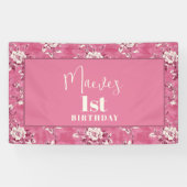 Elegante roze Chinoiserie 1e verjaardagsfeest Spandoek (Horizontaal)