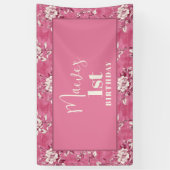 Elegante roze Chinoiserie 1e verjaardagsfeest Spandoek (Verticaal)
