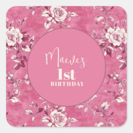 Elegante roze Chinoiserie 1e verjaardagsfeest Vierkante Sticker