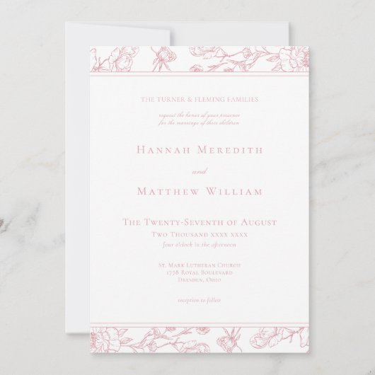 Elegante Roze Chinoiserie Bird Crest Border Weddin Kaart (Voorkant)