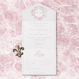 Elegante roze Chinoiserie Bird Crest bruiloft dine All In One Uitnodiging