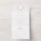 Elegante Roze Chinoiserie Bird Crest Wedding All In One Uitnodiging (Binnen)