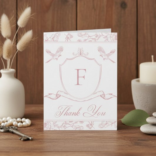 Elegante Roze Chinoiserie Bird & Crest Wedding Bedankkaart