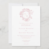 Elegante Roze Chinoiserie Bird & Crest Wedding Kaart (Voorkant)