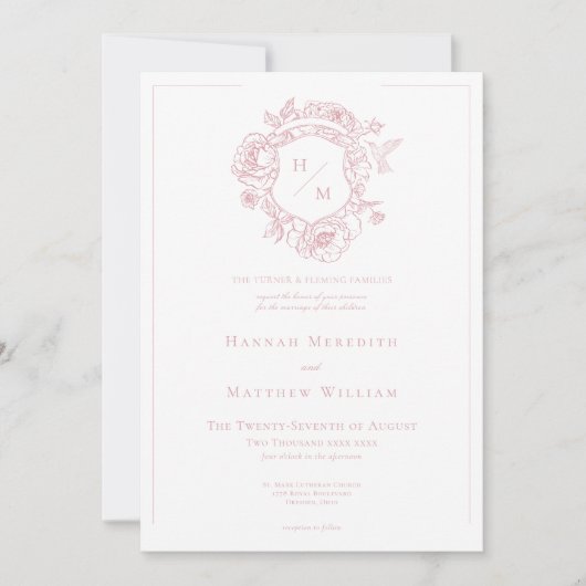 Elegante Roze Chinoiserie Bird & Crest Wedding Kaart (Voorkant)