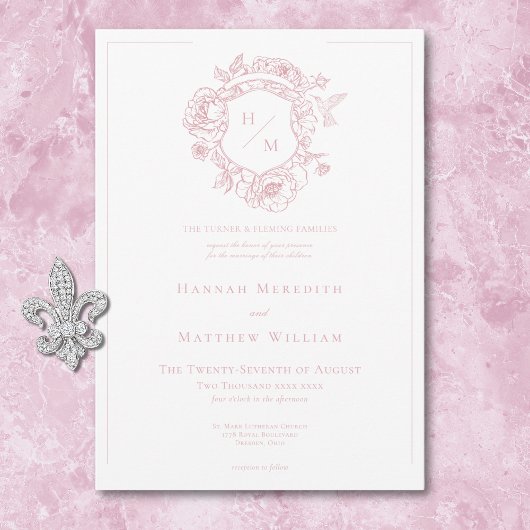 Elegante Roze Chinoiserie Bird & Crest Wedding Kaart
