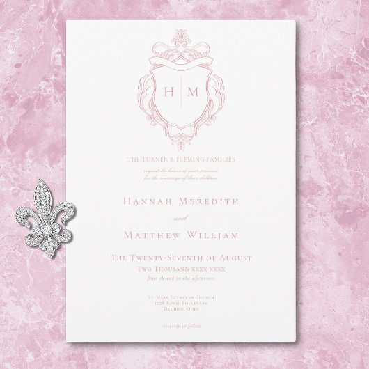 Elegante Roze Chinoiserie Bird & Crest Wedding Kaart