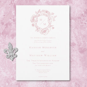 Elegante Roze Chinoiserie Bird & Crest Wedding Kaart