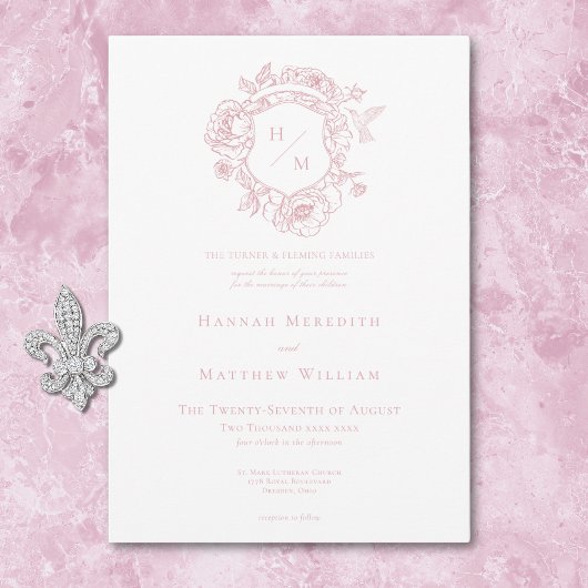 Elegante Roze Chinoiserie Bird & Crest Wedding Kaart